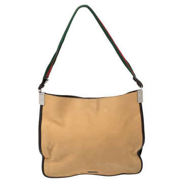 Khaki Brown Canvas and Leather Trim Web Detail Hobo
