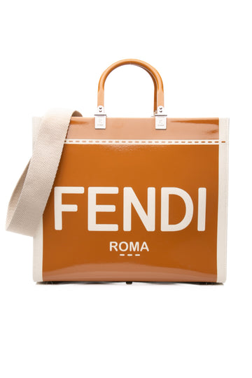 FENDI Signature Sunshine ESru Canvas and Light Brown Patent Leather Medium Shopper Tote Bag (New)