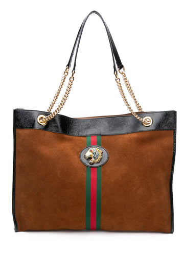 GUCCI Nocciola Suede Patent Large Rajah Chain Tote Bag