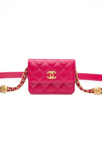 CHANEL Hot Pink Caviar Quilted Twist Your Buttons Coin Purse with Chain CroESbody Bag