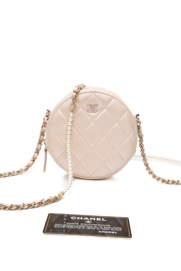 CHANEL Beige Iridescent Calfskin Quilted Round Pearl Chain CroESbody Bag