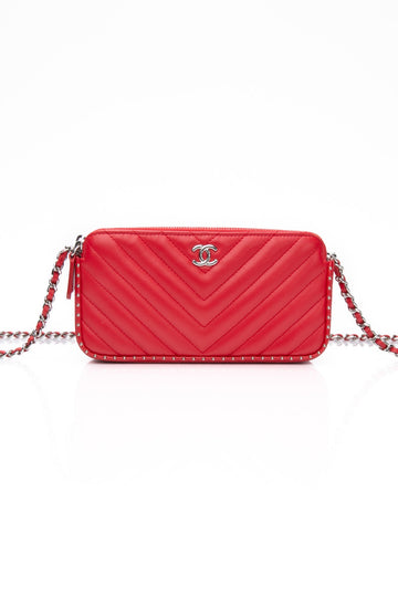 CHANEL Light Red Chevron Quilted Lambskin Double Zip CroESbody