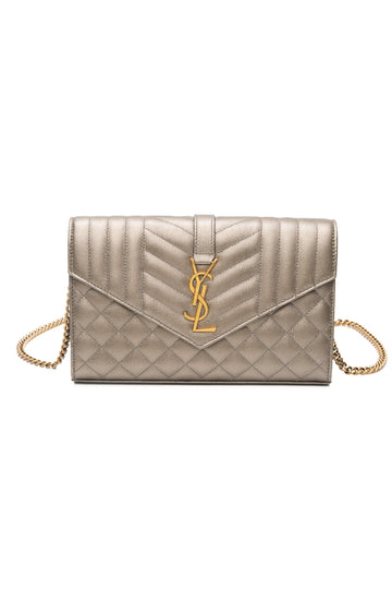 SAINT LAURENT Piombo Metallic Grain De Poudre Mixed MatelaESe Triquilt Monogram Wallet on Chain