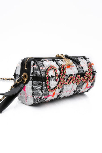CHANEL 20S White Black Tweed Calfskin Chain Signature Bowling CroESbody Bag (New)