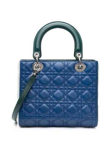DIOR Tri-color Blue Celeste Deep Green Lambskin Cannage Medium Lady Dior Bag
