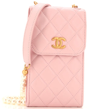 CHANEL Pearl Strap Phone Holder CroESbody Bag Quilted Lambskin