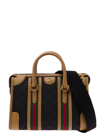 Gucci Women Black And Brown Handbag With Web And Gg Motif In Canvas And Leather Woman