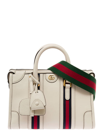 Gucci Women White Medium Duffle Bag With Gg Logo And Web Motif In Leather Woman