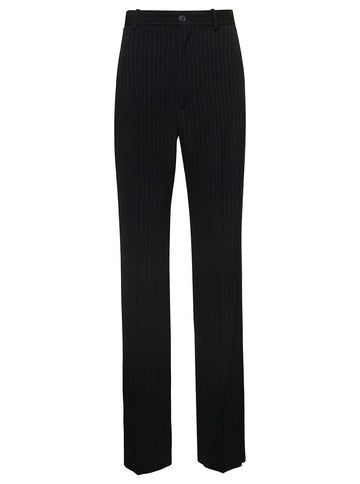 Balenciaga Women Long Black Pinstripedtrousers With Button And Zip Closure In Wool Woman