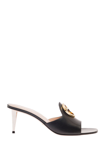Gucci Women 'Gucci Blondie' Black Side Sandals With Round Interlocking G In Leather Woman