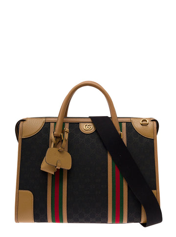 Gucci Men Black And Brown Handbag With Web And Gg Motif In Canvas And Leather Man