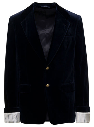 Gucci Men Giacca Monopetto Con Bottoni Gioiello In Velluto Blu Uomo