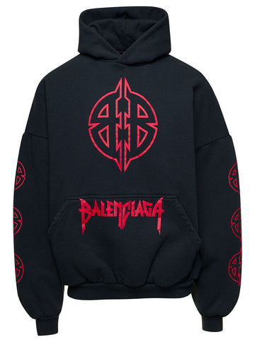 Balenciaga Men Black Hoodie With Maxi Logo Print On Front And Rear In Cotton Stretch Man