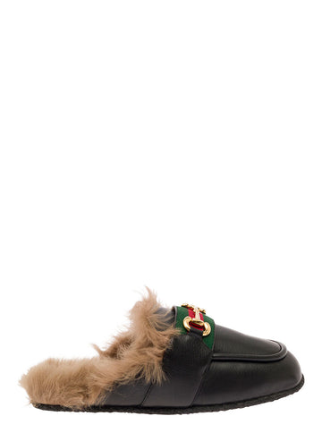Gucci Men Black Slipper With Web And Horsebit Detail In Leather And Fur Man