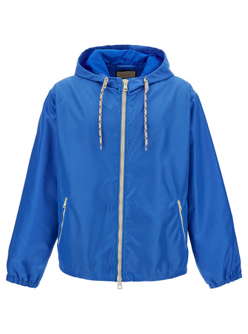 Gucci Men Light Blue Hooded Jacket With Web Logo Detail In Polaymide Man