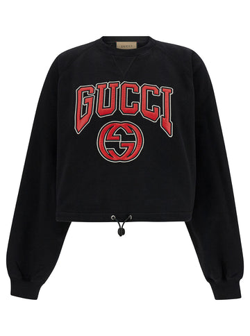 Gucci Women Black Cropped Crewneck Sweatshirt With Logo Print In Cotton Woman