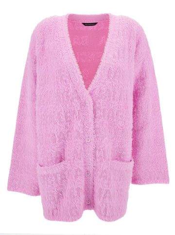 Balenciaga Women Pink Cardigan With All-Over Logo Motif In Wool Blend Woman