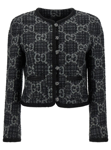 Gucci Women Grey And Dark Gey Jacket With Interlocking G Buttons In Gg Tweed Woman