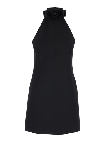 Dolce & Gabbana Women Black Mini Dress With Floral Detail In Wool Woman