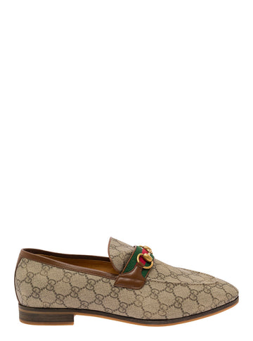 Gucci Men 'Paride' Beige Loafers With Horsebit And Web Detail In Gg Supreme Canvas Man