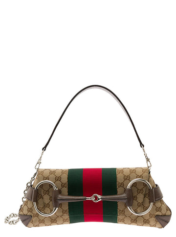 Gucci Women 'Horsebit' Brown Shoulder Bag With Web Stripe In Gg Supreme Canvas Woman