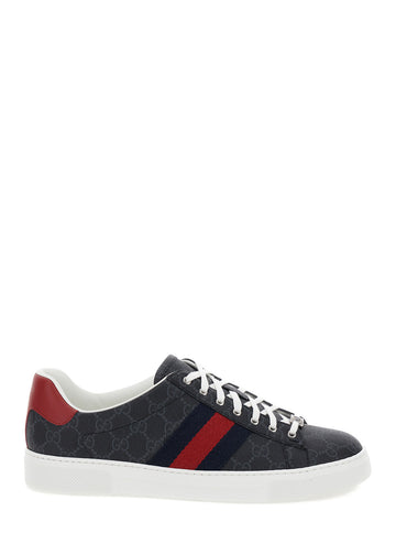 Gucci Men 'Gucci Ace' Black Low Top Sneakers With Web Detail Gg Supreme Canvas Man