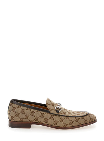 Gucci Men Beige And Ebony Loafers With Horsebit In Gg Supreme Canvas Man