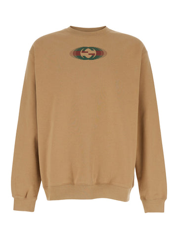 Gucci Men Beige Crewneck Sweatshirt With Interlocking G Shadow Print In Cotton Man