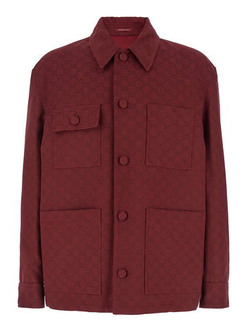 Gucci Men Bordeaux Jacket With All-Over Gg Motif In Cotton Blend Man