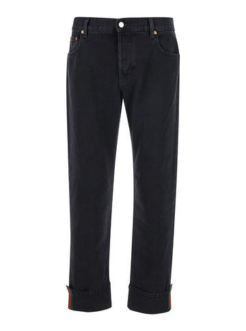 Gucci Men Black Jeans With High Waist And Web Detail In Denim Man