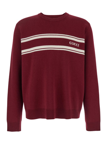 Gucci Men Bordeaux Crewneck Sweater With Logo Lettering On The Front And Striped Detail In Wool Man