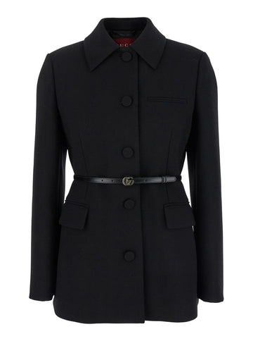 Gucci Women Black Jacket With Classic Collar And Belt With Double G Detail In Leather Woman