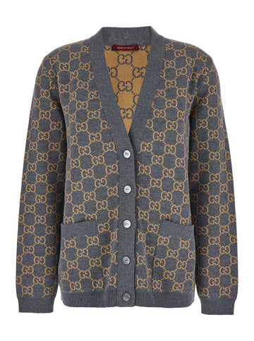 Gucci Women Grey Reversible Cardigan With V Neck In Gg Canvas Woman