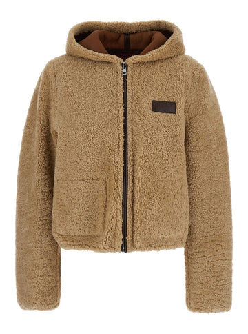 Gucci Women Beige Reversible Shearling Jacket With Hood And Logo Patch On The Front In Leather And Fur Woman
