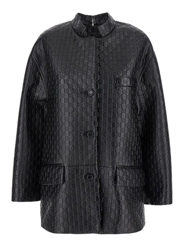 Gucci Women Black Jacket With Embossed All-Over Gg Logo In Leather Woman