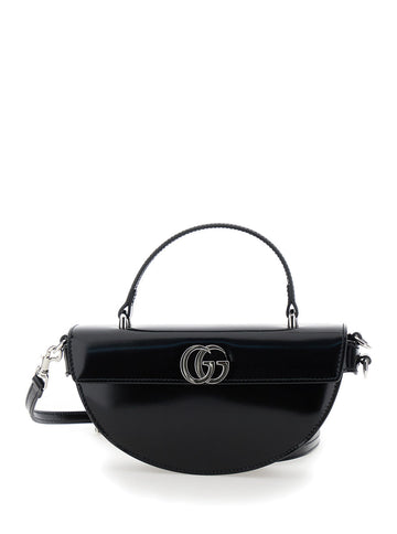 Gucci Women Black Half Moon Shaped Handbag With Double G Logo Plaque On The Front And Removable Shoulder Strap In Patent Leather Woman