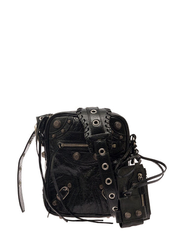 Balenciaga Men 'Le Cagole M' Black Shoulder Bag With Airpods Pro Case In Leather Man