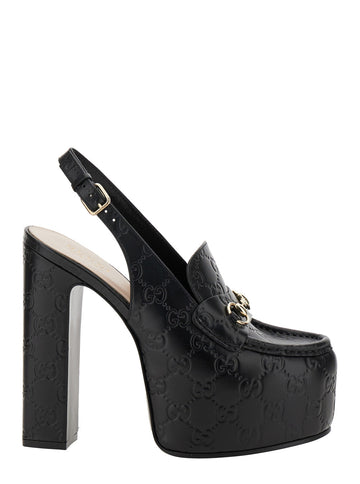 Gucci Women Ottavia' Black Singback Pumps With Horsebit On The Front And All-Over Double G Logo In Leather Woman