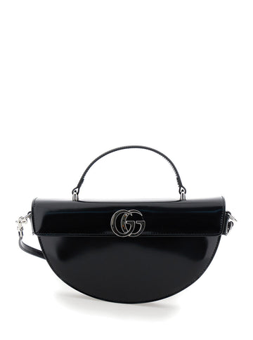 Gucci Women Black Half Moon Shaped Handbag With Double G Logo Plaque On The Front And Removable Shoulder Strap In Patent Leather Woman