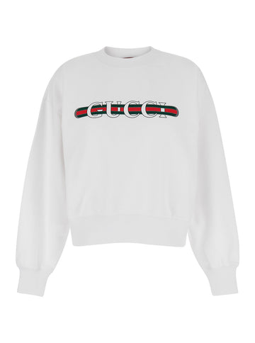 Gucci Women White Crewneck Sweatshirt With Logo Print And Web Detail In Cotton Woman