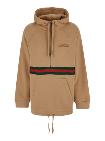 Gucci Women Beige Hoodie With Logo Lettering On The Front And Web Detail On The Front In Cotton Woman