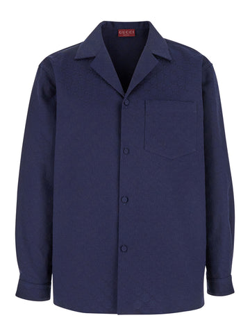 Gucci Men Dark Blue Shirt With All-Over Gg Motif In Cotton Man