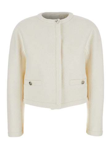 Gucci Women White Collarless Cropped Jacket With Gg Logo Button In Bouclé Wool Woman