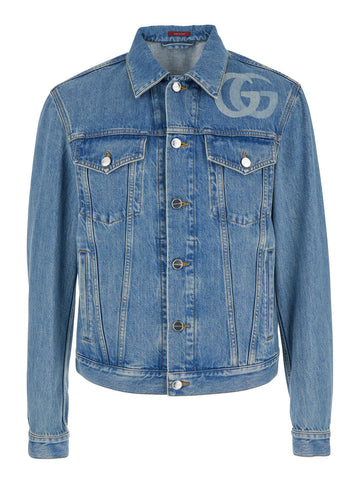 Gucci Men Light Blue Jacket With Gg Logo Print On The Front In Denim Man