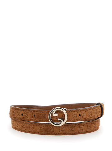 Gucci Women 'Blondie' Brown Belt With All-Over Gg Motif In Suede Woman