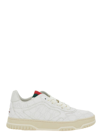 Gucci Women 'Re-Web' White Low Top Sneakers With All-Over Gg Motif In Leather Woman