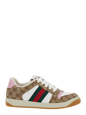 Gucci Women 'Screener' Beige Low Top Sneakers With Web Detail And All-Over Gg Motif In Leather Woman