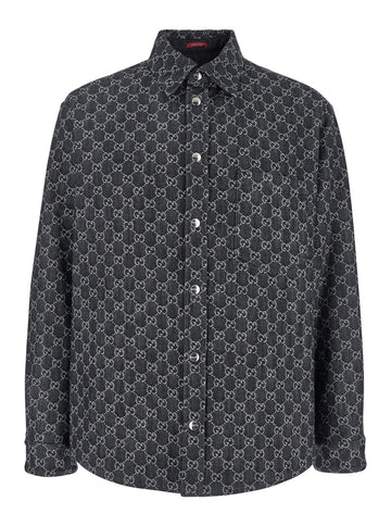 Gucci Men Grey Reversible Shirt With Gg Jacquard All-Over Motif In Cotton Man