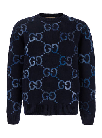 Gucci Men Blue Sweater With Gg Intarsia Knit In Wool Blend Man