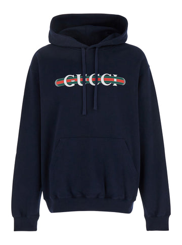 Gucci Men Blue Hoodie With Drawstring Hood And Logo Print On The Front In Jersey Man